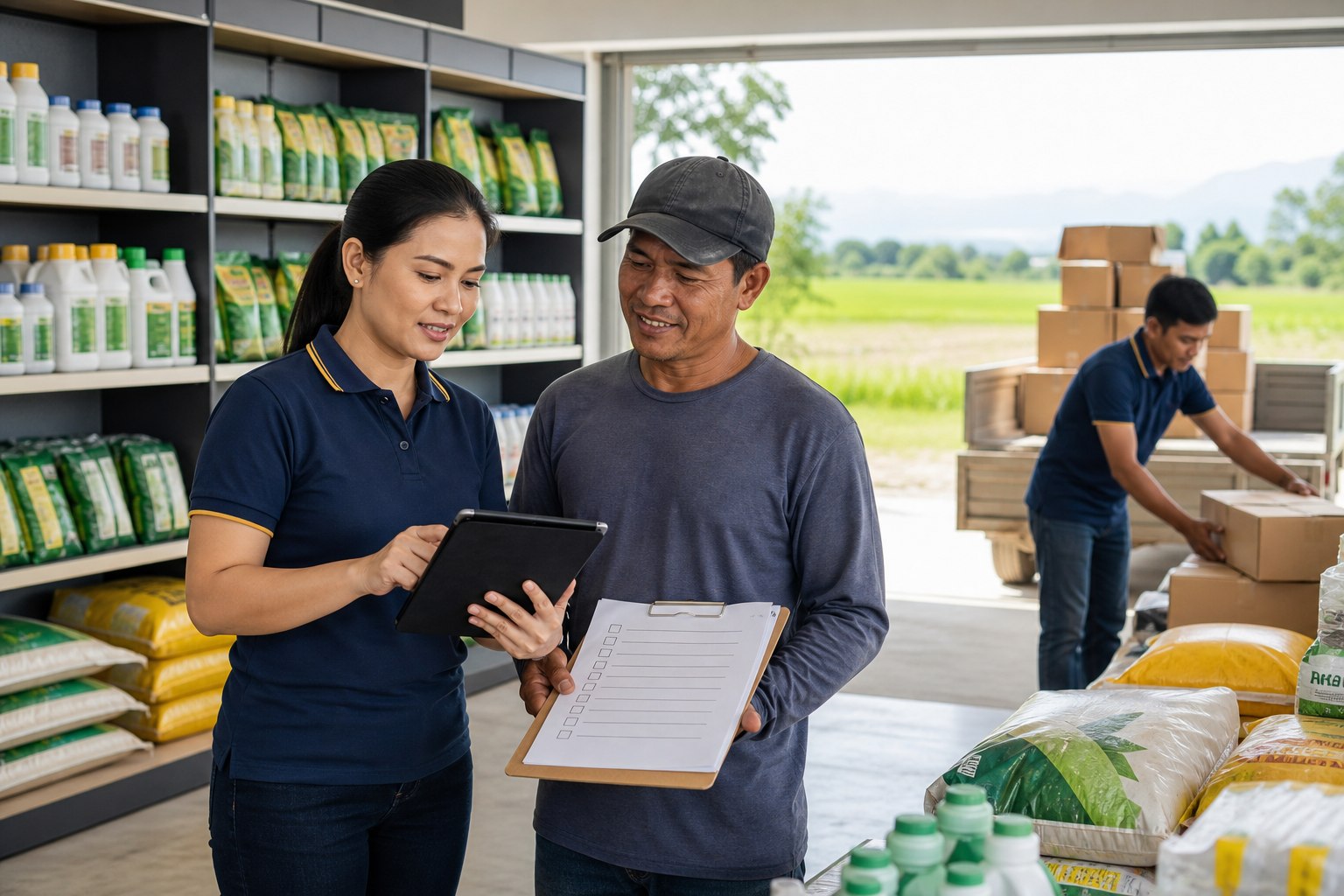 Agricultural dealer assisting a farmer in a regional supply center