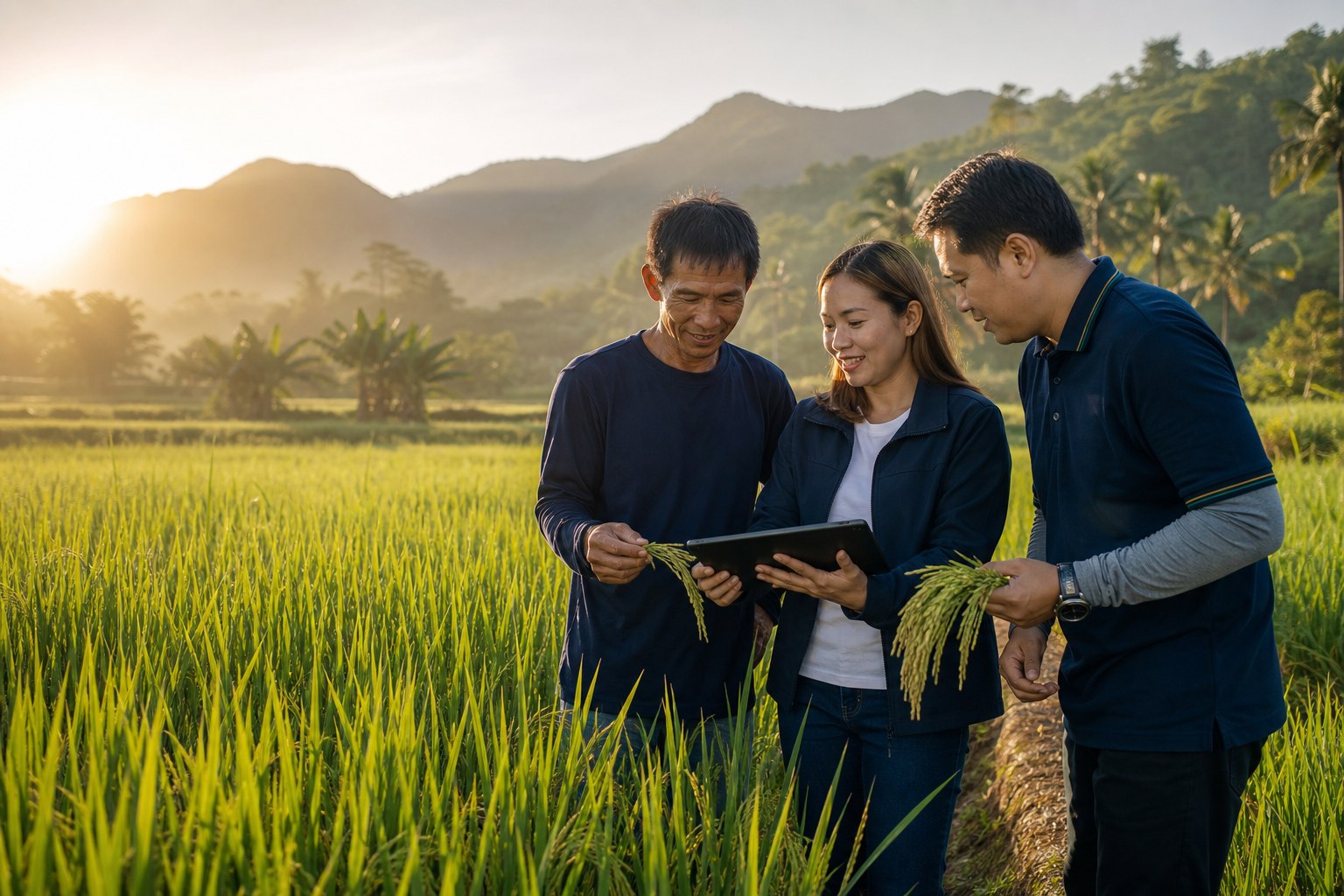 Agricultural professionals reviewing rice crops together in a Philippine field